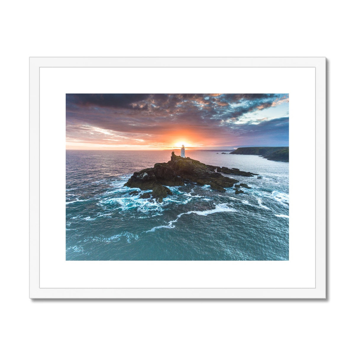 godrevy lighthouse dawn landscape white frame
